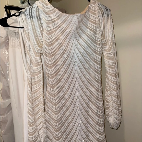 London Ivory Striped Sequin Gathered Sleeve Mini Dress - Picture 4 of 8